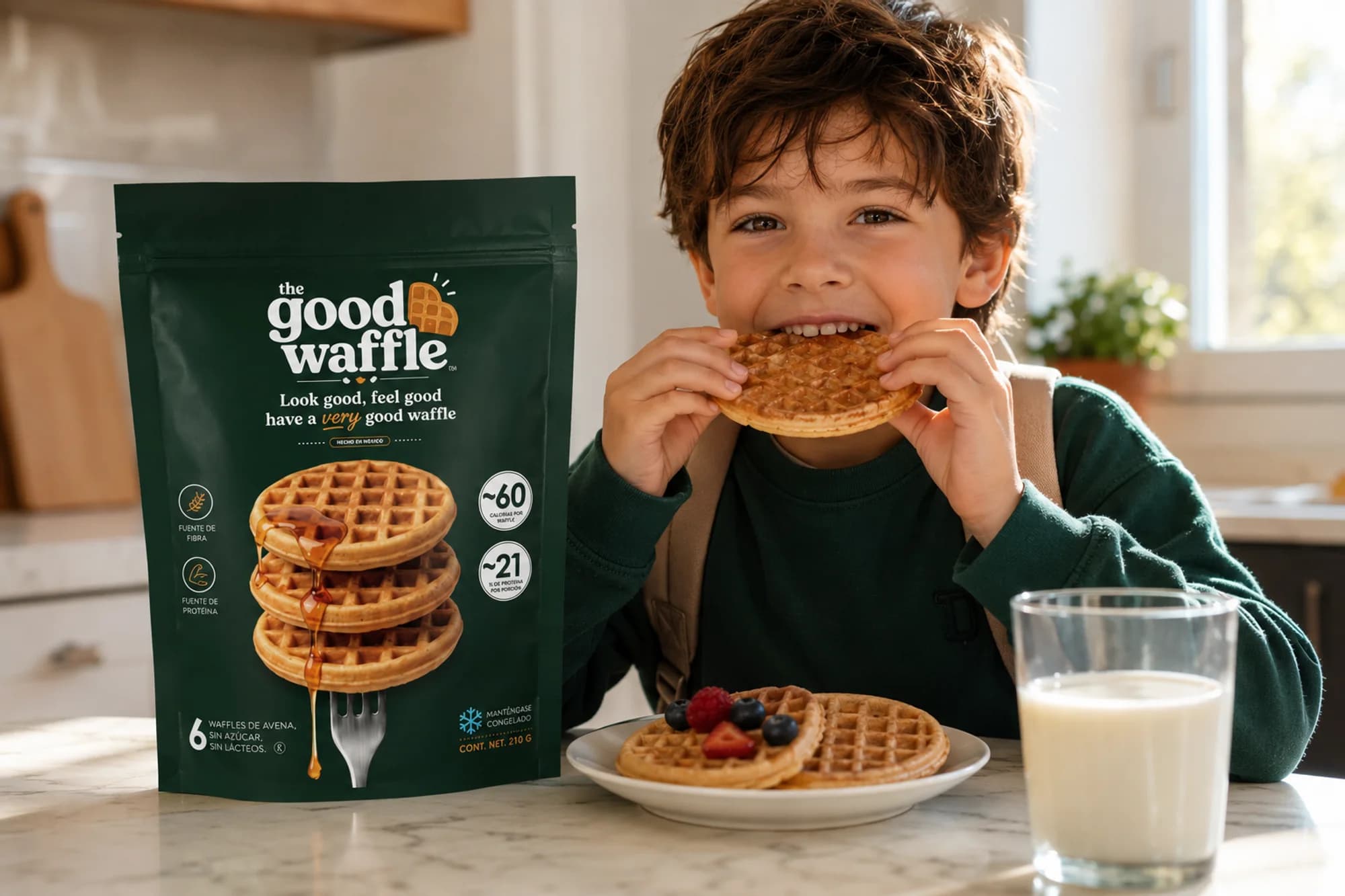 Niño desayunando un waffle de The Good Waffle junto a la bolsa, un plato con waffles y frutos rojos, y un vaso de leche
