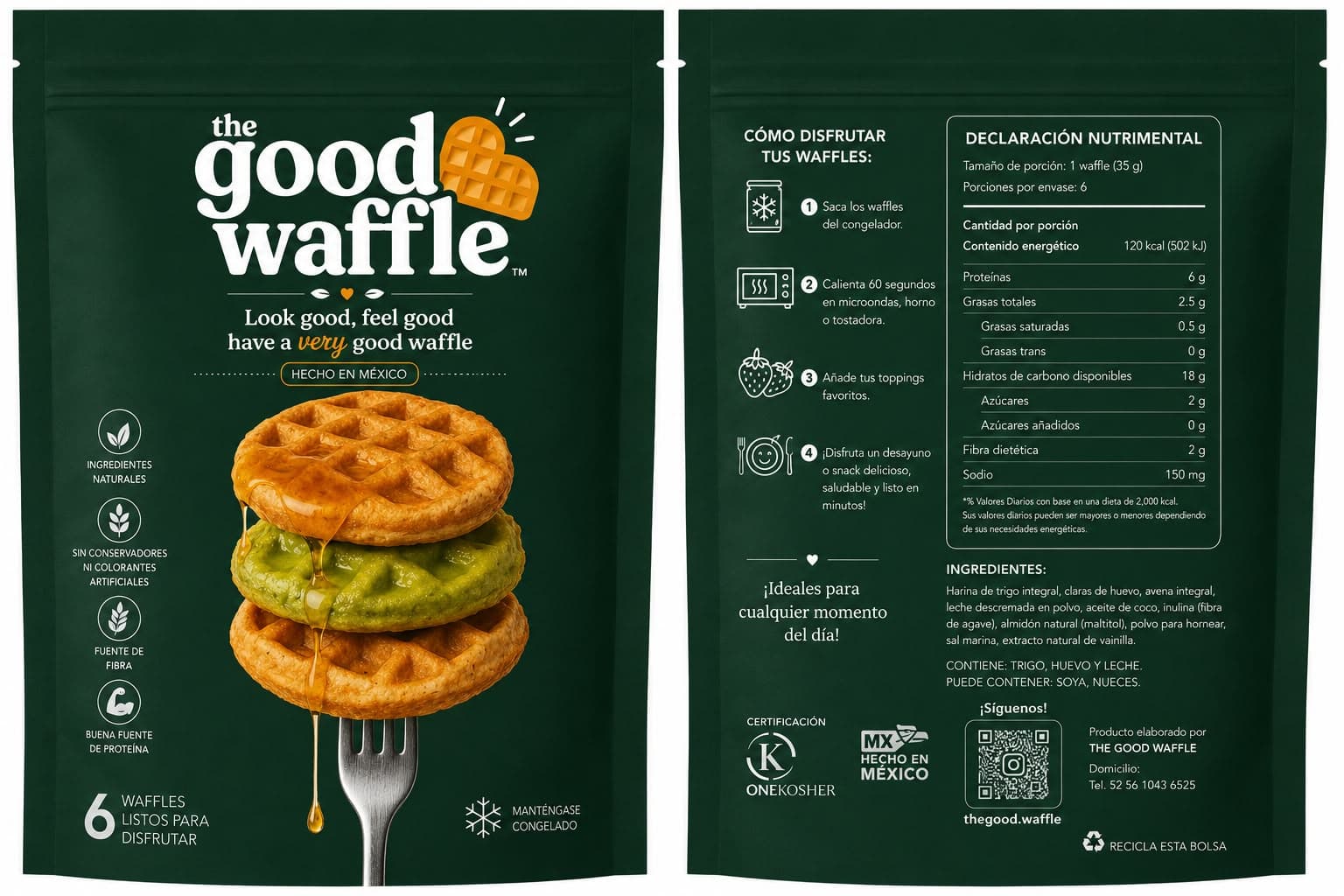 Bolsa de 6 waffles The Good Waffle, frente y reverso